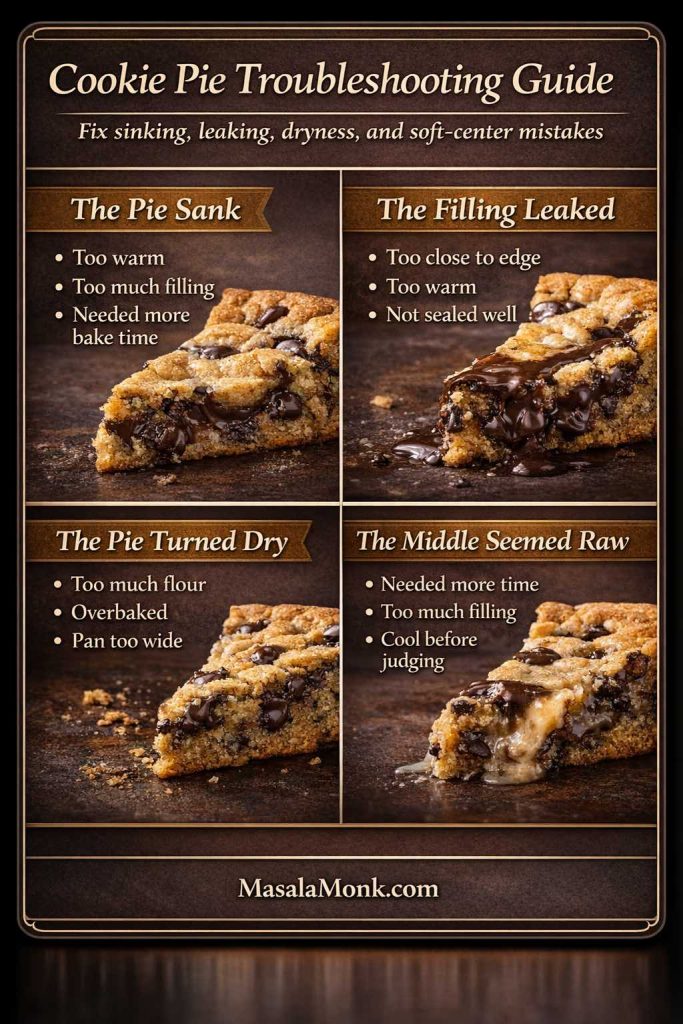 Cookie pie troubleshooting guide showing common problems including a sunken pie, leaking filling, dry texture, and a middle that seems raw, with quick causes to check for each issue.