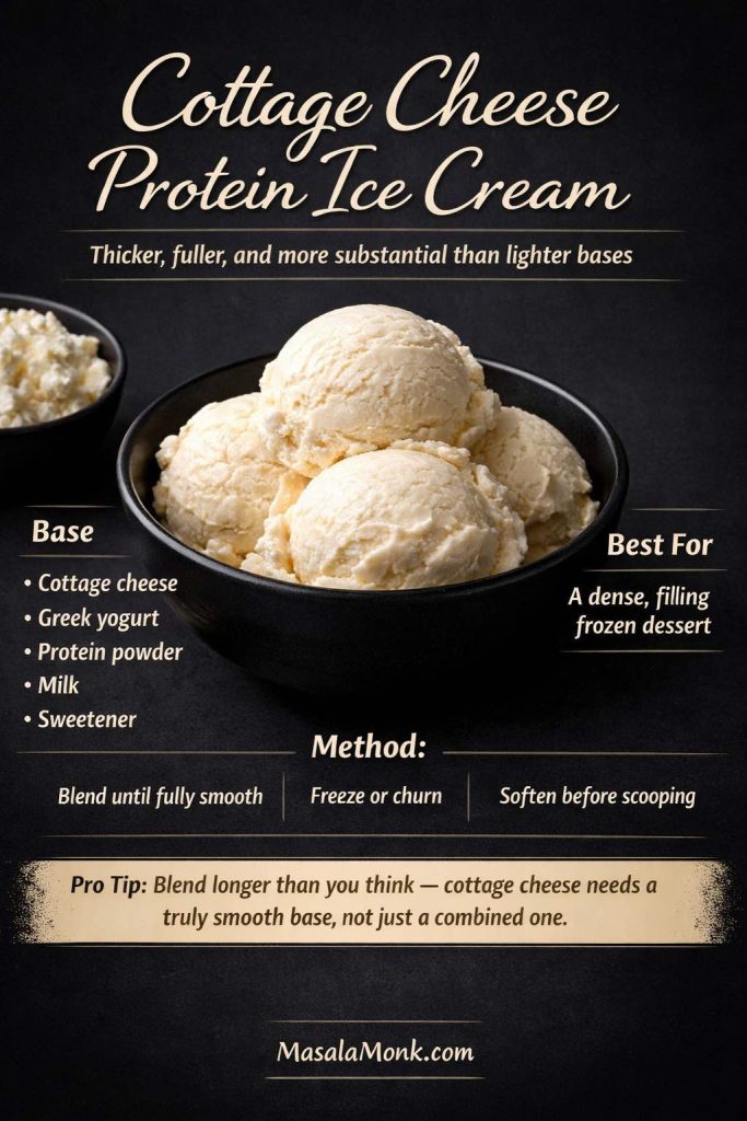 Cottage cheese protein ice cream in a black bowl with text overlay, showing a thicker homemade protein ice cream made with cottage cheese, Greek yogurt, protein powder, milk, and sweetener.