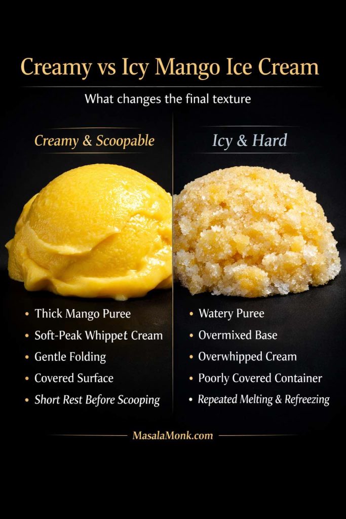 Side-by-side comparison of creamy vs icy homemade mango ice cream on a dark background, showing smooth scoopable texture versus grainy hard texture and the factors that affect the final result.