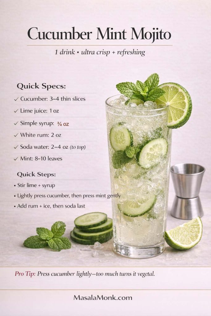 Photoreal cucumber mint mojito recipe card showing a tall highball glass with cucumber slices, mint, lime wheel, crushed ice, and visible bubbles on a smooth ivory background, with text overlay listing quick specs (cucumber, lime juice, simple syrup, white rum, soda water, mint), quick steps including “soda last,” a pro tip to press cucumber lightly, and MasalaMonk.com in the footer.
