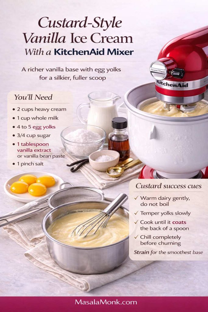 Custard-style vanilla ice cream guide for a KitchenAid mixer showing egg yolks, cream, milk, sugar, vanilla, a cooked custard base, and key cues for tempering, cooking, chilling, and churning.