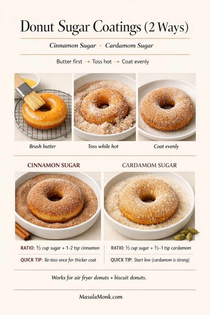For cinnamon sugar air fryer donuts that taste donut-shop good, timing matters: brush with butter first, toss while hot, and coat evenly. Use this quick ratio guide for cinnamon sugar or cardamom sugar so homemade air fryer donuts and biscuit donuts get a perfect, fragrant coating every time.