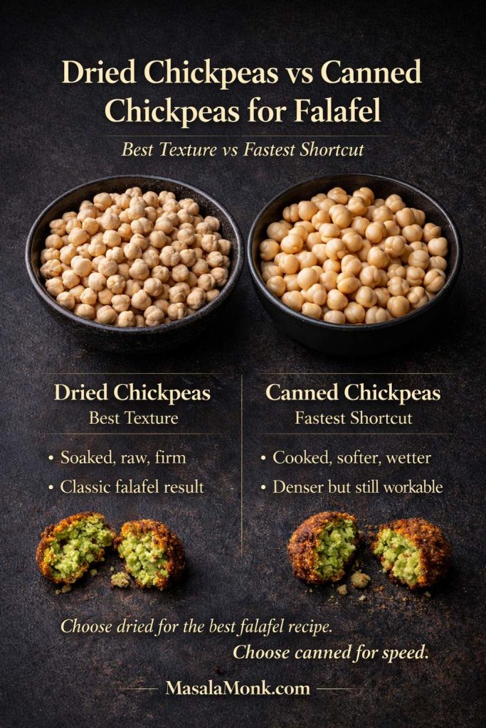 Dark luxe falafel comparison guide showing dried chickpeas versus canned chickpeas for falafel, with notes on best texture, fastest shortcut, and how each option affects the final falafel result.