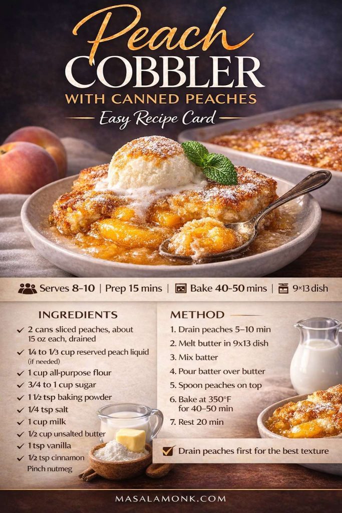 Recipe card for peach cobbler with canned peaches showing a plated serving with vanilla ice cream, ingredient measurements, bake time, prep time, pan size, and simple method steps, including the tip to drain canned peaches first for the best texture.