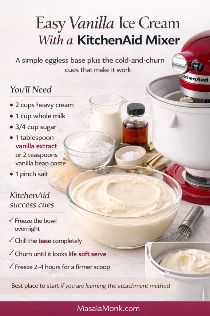 Vanilla ice cream guide for a KitchenAid mixer showing the ice cream attachment, eggless vanilla base ingredients, and key success cues like freezing the bowl, chilling the base, and churning to soft-serve stage.