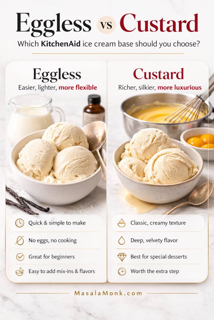 Comparison card for KitchenAid ice cream bases, showing eggless vanilla ice cream on one side and custard vanilla ice cream on the other, with visual cues for easier lighter texture versus richer silkier texture.