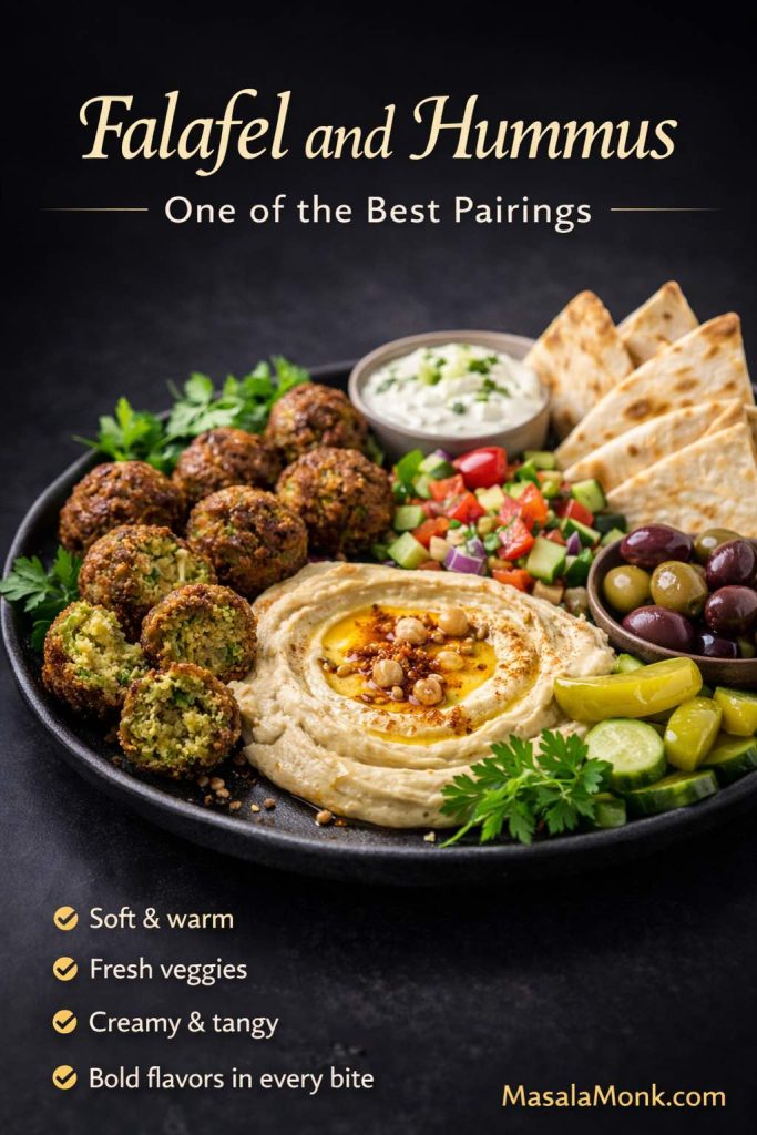 Falafel and hummus work so well together because each one brings what the other lacks. Falafel adds crispness, warmth, and structure, while hummus adds creaminess, richness, and a softer counterpoint that makes the whole plate feel more complete. Add bread, salad, olives, or something tangy on the side, and the pairing turns into one of the easiest ways to build a generous, deeply satisfying falafel meal.