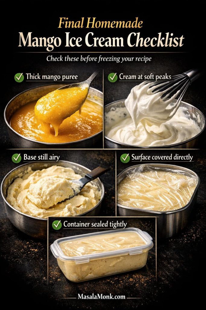 Final homemade mango ice cream checklist showing thick mango puree, whipped cream at soft peaks, airy folded base, surface covered directly, and sealed container before freezing.