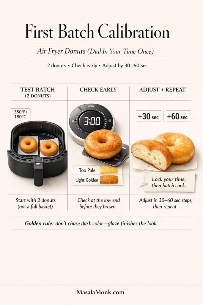 First time making air fryer donuts? Use this simple calibration method: start with just 2 donuts, check early for a light golden finish, then adjust by 30–60 seconds until you lock in the perfect cook time for your air fryer. Once you dial it in, every batch gets easier—and glaze finishes the look without overcooking.