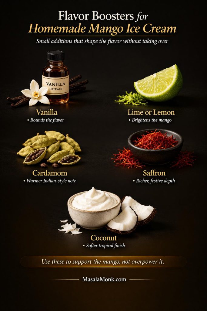 Flavor boosters for homemade mango ice cream showing vanilla, lime or lemon, cardamom, saffron, and coconut, with notes on how each addition changes the flavor without overpowering the mango.