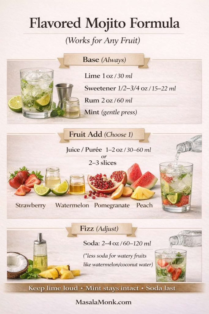 Infographic titled “Flavored Mojito Formula (Works for Any Fruit)” showing a three-part template for fruit mojitos: Base (lime 1 oz/30 ml, sweetener 1/2–3/4 oz/15–22 ml, rum 2 oz/60 ml, mint gentle press), Fruit Add (choose 1: juice/purée 1–2 oz/30–60 ml or 2–3 slices; examples shown: strawberry, watermelon, pomegranate, peach), and Fizz (adjust soda 2–4 oz/60–120 ml, use less soda for watery fruits like watermelon or coconut water). Tip strip says keep lime loud, mint intact, soda last. MasalaMonk.com in footer.