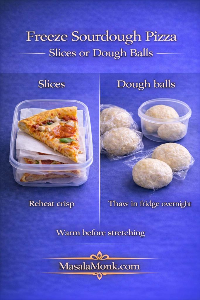 Guide showing how to freeze sourdough pizza slices in a container and how to freeze sourdough pizza dough balls, with tips to reheat slices crisp and thaw dough balls in the fridge overnight.