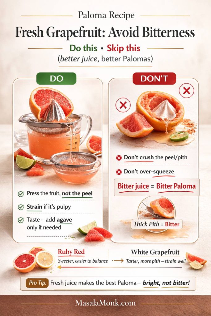 Do-and-don’t infographic titled “Fresh Grapefruit: Avoid Bitterness” for a Paloma recipe. The DO side says press the fruit not the peel, strain if it’s pulpy, and taste before adding agave. The DON’T side warns not to crush the peel or pith and not to over-squeeze, noting bitter juice makes a bitter Paloma. It also notes ruby red grapefruit is usually easier to balance than white grapefruit.