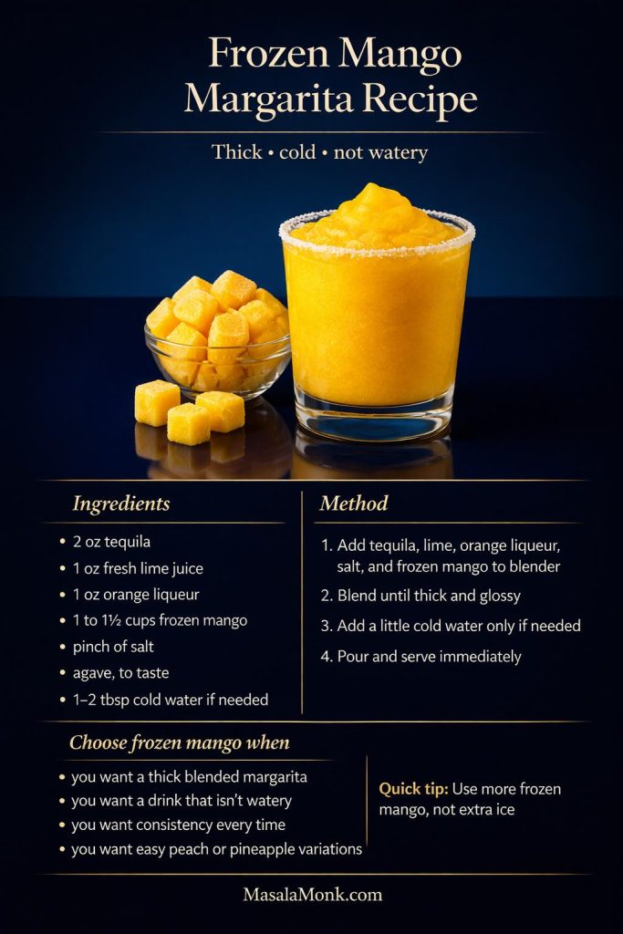This frozen mango margarita recipe mini card shows the easiest way to make a thick, cold drink without watering it down. With tequila, fresh lime juice, orange liqueur, frozen mango, a pinch of salt, and just enough cold water if needed, it gives you the quick build plus the reason frozen mango works so well: better body, better texture, and more consistent results than piling in extra ice. Save it for hot days, then keep reading for the mango nectar, mango purée, and mango juice versions to choose the best base for the style of mango margarita you want.