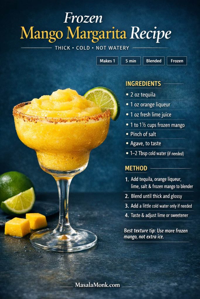 Premium frozen mango margarita recipe card showing a thick blended mango tequila cocktail with lime garnish, Tajín-style rim, ingredient list, measurements, and step-by-step method on a dark blue studio background.