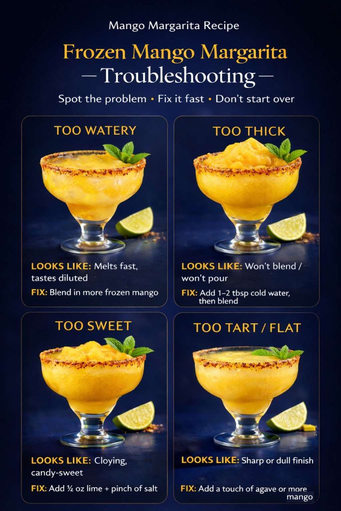 Troubleshooting infographic for a frozen mango margarita recipe showing four common problems—too watery, too thick, too sweet, and too tart/flat—with “looks like” cues and quick fixes.