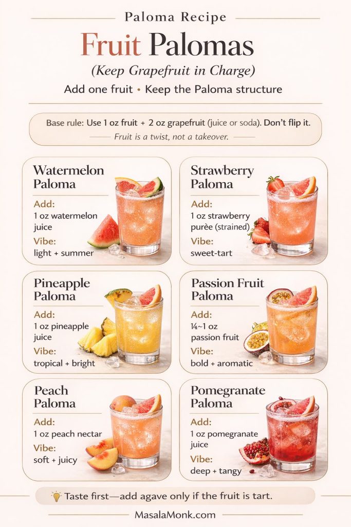 Infographic titled “Fruit Palomas (Keep Grapefruit in Charge)” showing a base rule for fruit Paloma recipes: use 1 oz fruit plus 2 oz grapefruit (juice or soda) and don’t flip the ratio. It includes six options—Watermelon Paloma (add 1 oz watermelon juice), Strawberry Paloma (add 1 oz strained strawberry purée), Pineapple Paloma (add 1 oz pineapple juice), Passion Fruit Paloma (add ½ to 1 oz passion fruit), Peach Paloma (add 1 oz peach nectar), and Pomegranate Paloma (add 1 oz pomegranate juice)—with a tip to taste first and add agave only if the fruit is tart.