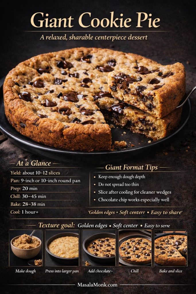 A giant cookie pie works best when it still feels like cookie pie in the middle rather than drifting into cookie cake. Keeping enough dough depth is what gives you those thicker, softer wedges that feel generous when sliced and much more satisfying to share at the table.
