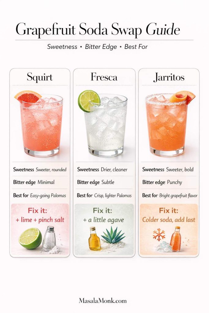 Infographic comparing grapefruit soda options for a Paloma cocktail—Squirt, Fresca, and Jarritos—with notes on sweetness, bitter edge, best use, and quick fixes like adding lime, agave, or colder soda.