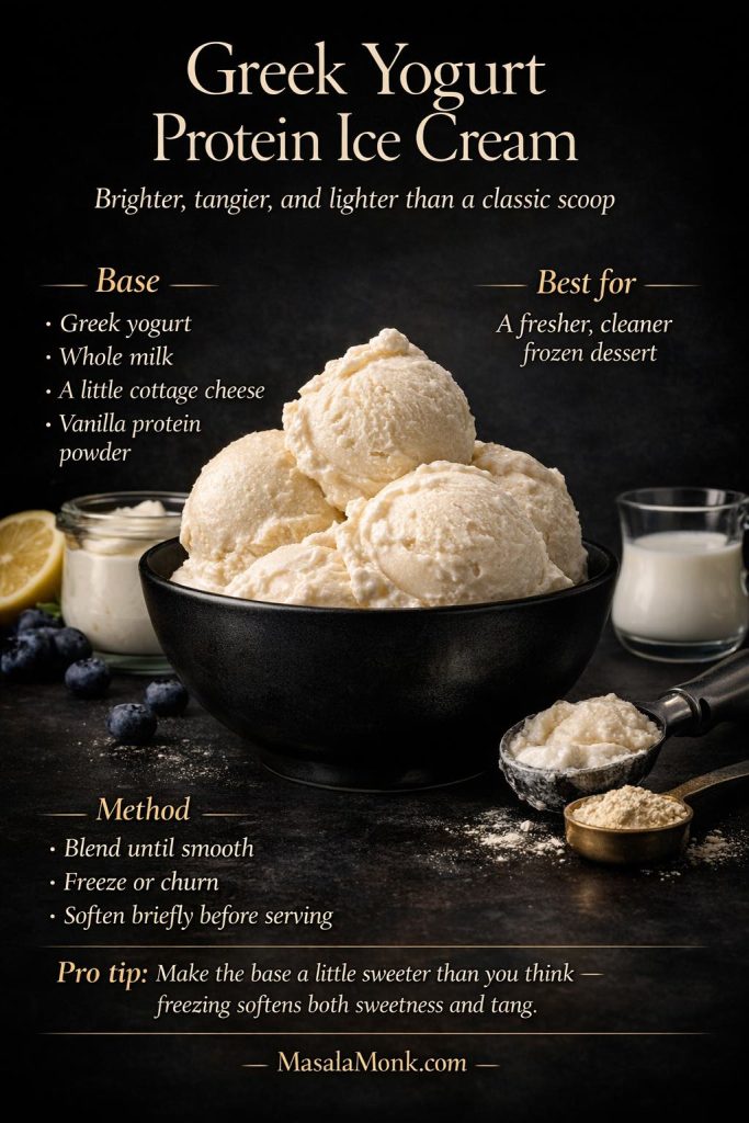 Greek yogurt protein ice cream in a black bowl with recipe text overlay, showing a lighter, tangier homemade protein ice cream made with Greek yogurt, milk, cottage cheese, and vanilla protein powder.