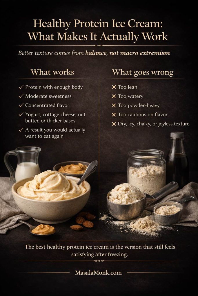 Healthy protein ice cream guide showing what works versus what goes wrong, with a balanced creamy protein ice cream on one side and a dry powder-heavy failed version on the other.