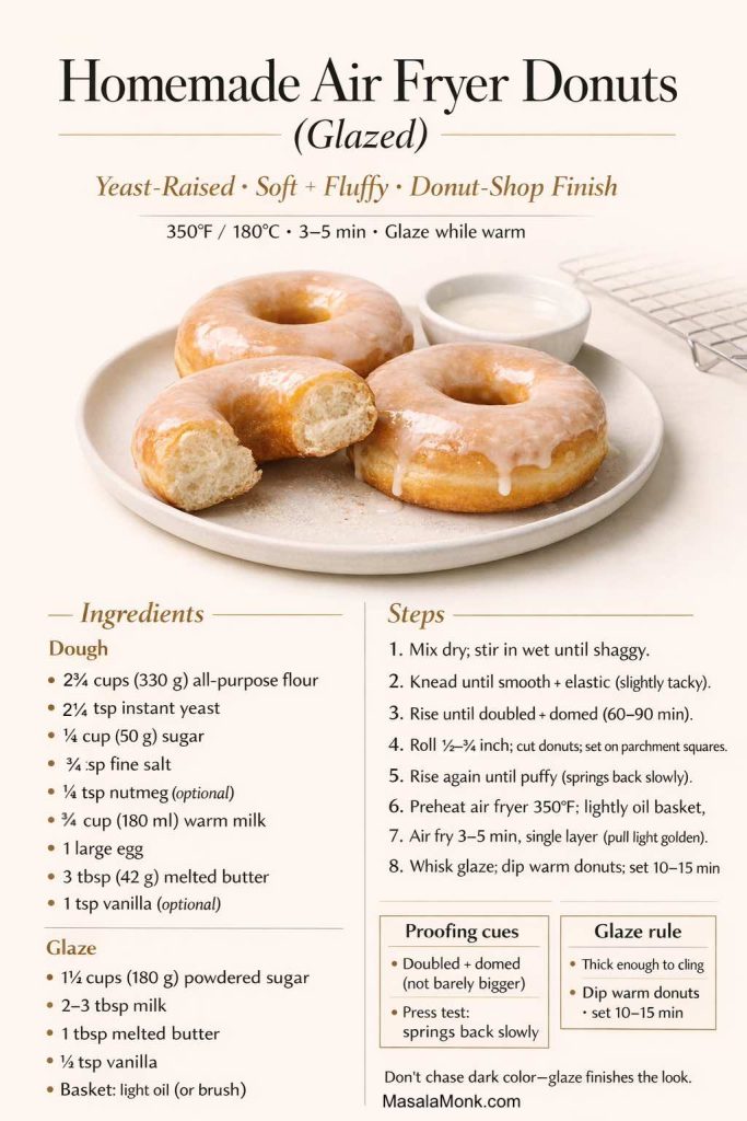 This homemade air fryer donuts recipe gives you the real glazed-donut feel without deep frying. Follow the yeast-raised method, cook at 350°F for 3–5 minutes, then glaze while warm so the coating sets smooth and glossy. Use the proofing cues and glaze rule on the card to keep donuts soft, fluffy, and donut-shop good.