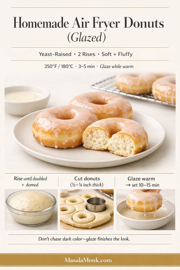 This is the “from scratch” path for homemade air fryer donuts: yeast-raised dough, two rises, and a smooth glazed finish. Let the dough rise until doubled and domed, cut donuts about 1/2–3/4 inch thick, air fry briefly, then glaze while warm and let it set 10–15 minutes for that classic donut-shop bite—without over-browning.