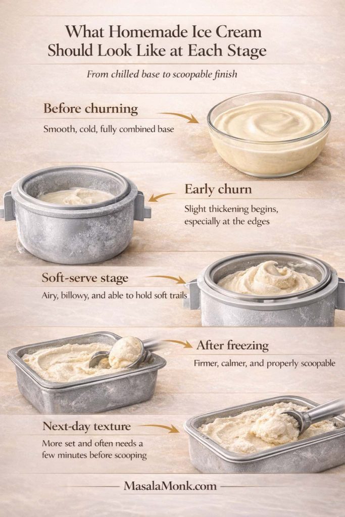Homemade ice cream texture guide for a KitchenAid mixer showing five stages: smooth chilled base before churning, early churn thickening at the edges, soft-serve stage after churning, scoopable texture after freezing, and firmer next-day texture.