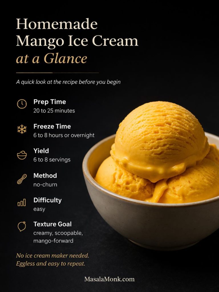 At-a-glance guide for homemade mango ice cream showing prep time, freeze time, yield, method, difficulty, and texture goal beside a bowl of creamy mango ice cream.