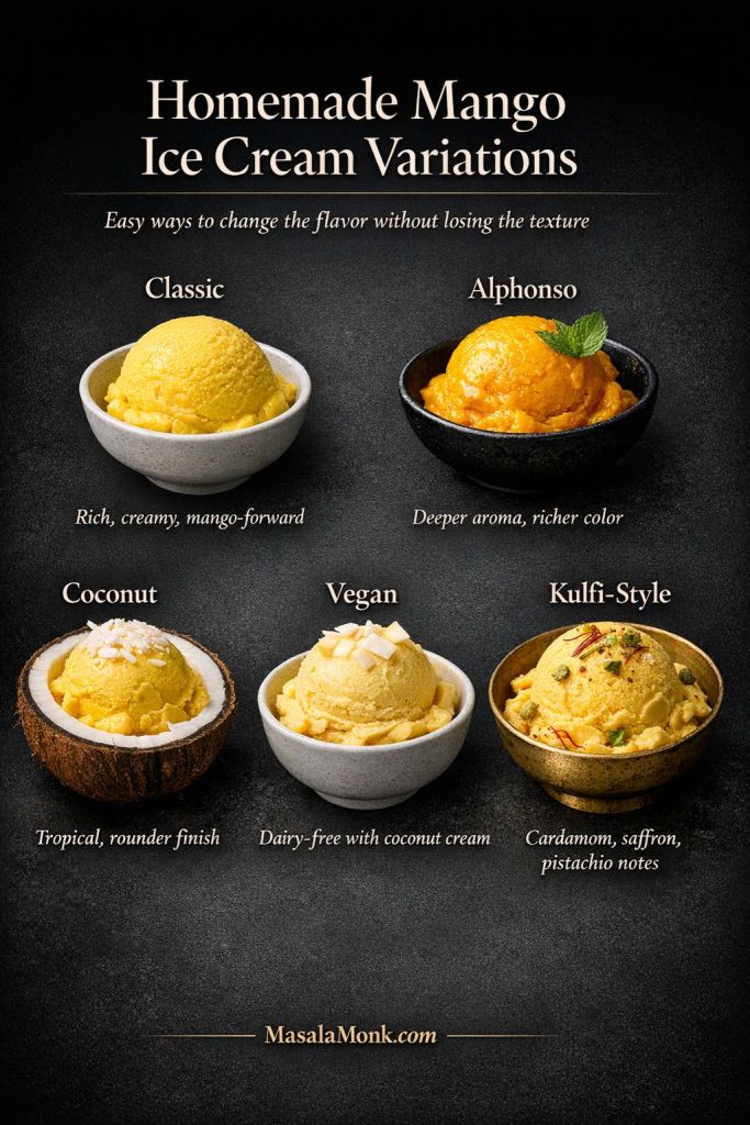 Guide to homemade mango ice cream variations showing classic, Alphonso, coconut, vegan, and kulfi-style mango ice cream in separate bowls on a dark background.