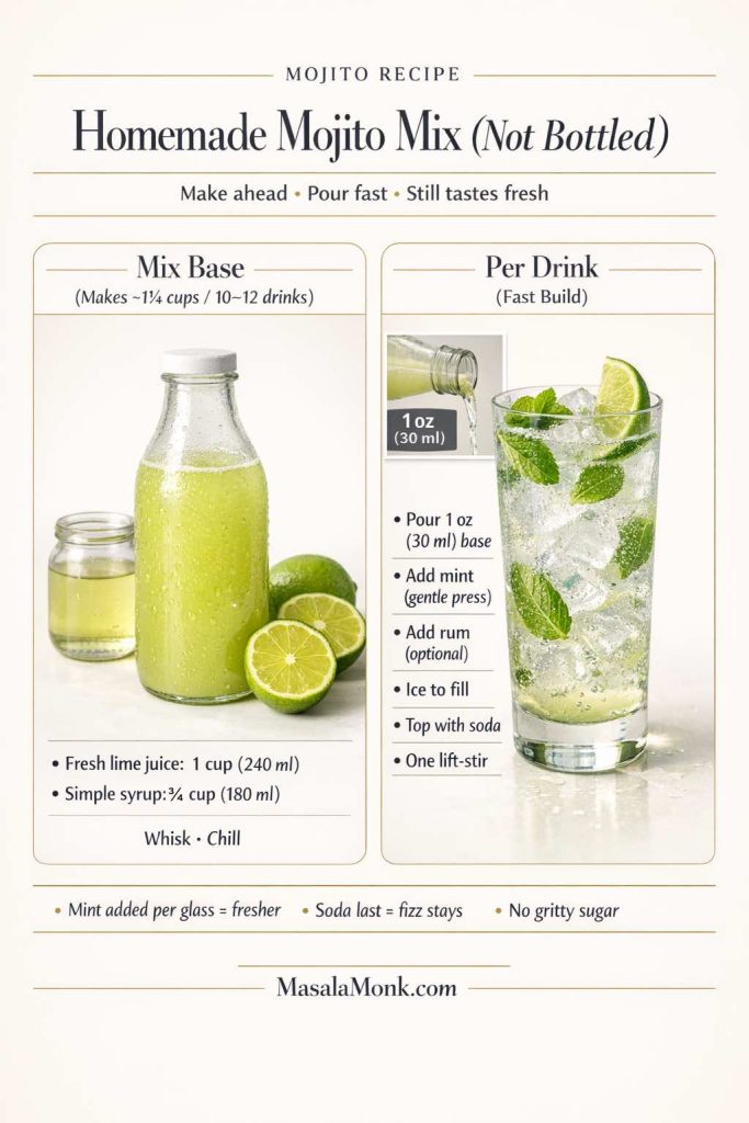 Infographic titled “Homemade Mojito Mix (Not Bottled)” showing a make-ahead mojito mix base and a fast per-drink build. Mix base: fresh lime juice 1 cup (240 ml) plus simple syrup 3/4 cup (180 ml), whisk and chill (makes about 10–12 drinks). Per drink: pour 1 oz (30 ml) base, add mint (gentle press), add rum optional, fill with ice, top with soda, and do one lift-stir. Notes say mint added per glass tastes fresher, soda last keeps fizz, and no gritty sugar. MasalaMonk.com in footer.
