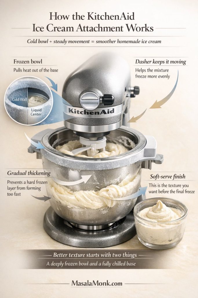 Mechanism explainer for a KitchenAid ice cream maker attachment showing a frozen bowl, moving dasher, gradual thickening of vanilla ice cream base, and the soft-serve texture reached before the final freeze.