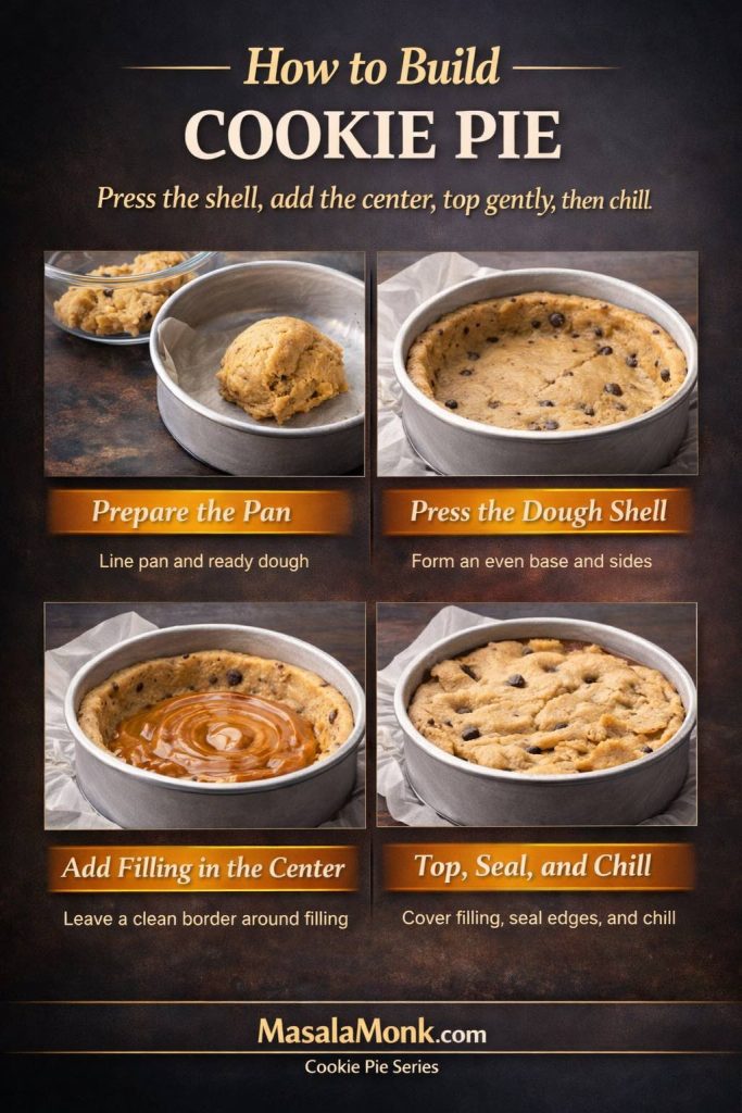 Step-by-step cookie pie assembly guide showing how to prepare the pan, press the dough shell, add filling in the center, and top, seal, and chill the cookie pie before baking.