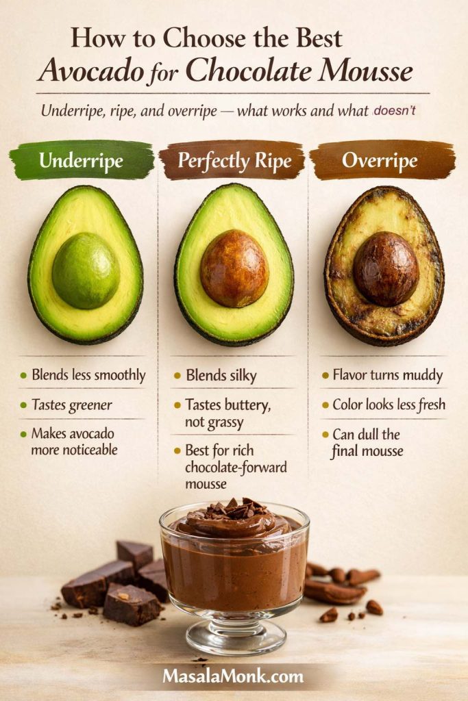 Ingredient guide infographic showing how to choose the best avocado for avocado chocolate mousse by comparing underripe, perfectly ripe, and overripe avocados, with notes on blending, flavor, and how ripeness affects mousse texture and chocolate-forward taste.