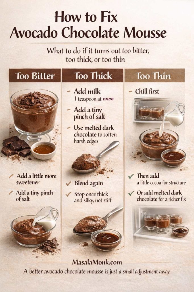 Troubleshooting infographic for avocado chocolate mousse showing how to fix three common problems: mousse that tastes too bitter, mousse that is too thick, and mousse that is too thin, with tips like adding sweetener, salt, milk, cocoa, dark chocolate, and chilling before serving.