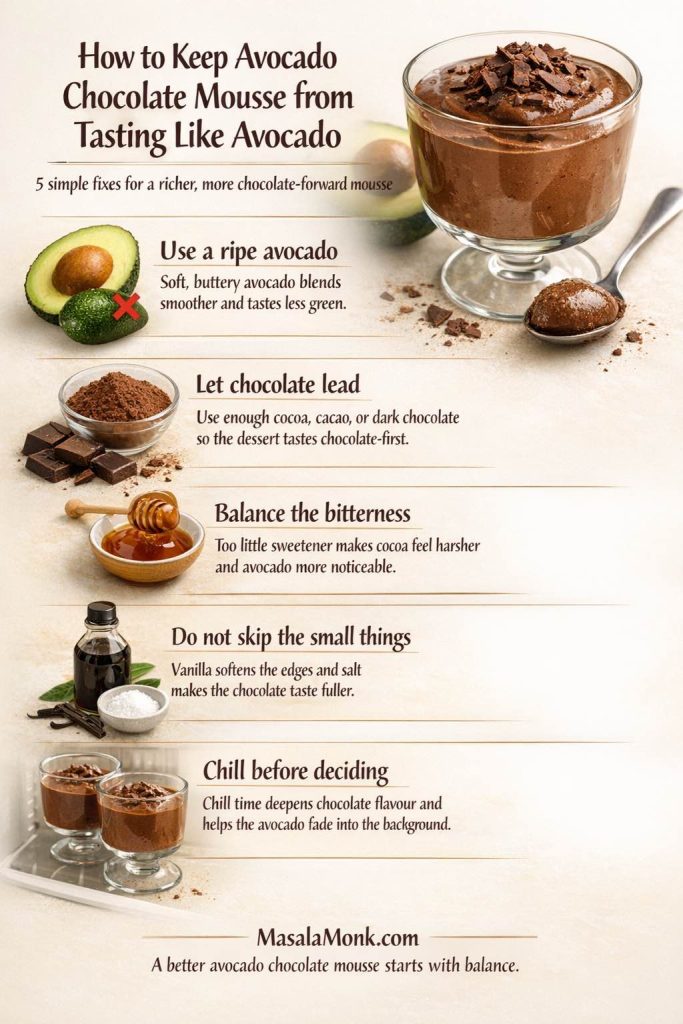 Troubleshooting infographic for avocado chocolate mousse showing five ways to keep the dessert from tasting like avocado, including using ripe avocado, enough chocolate, balanced sweetener, vanilla with salt, and chilling before serving.