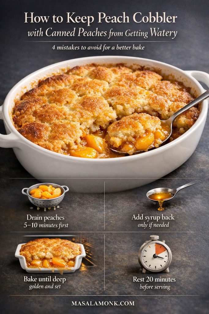 Watery peach cobbler with canned peaches is usually caused by too much liquid, underbaking, or cutting into it too soon. This troubleshooting guide shows the four steps that make the biggest difference: drain the peaches well, add syrup back only if the fruit needs it, bake until the cobbler is deeply golden and set, and let it rest before serving. Keep this visual nearby when baking if you want a peach cobbler that stays juicy, rich, and spoonable without turning soupy.