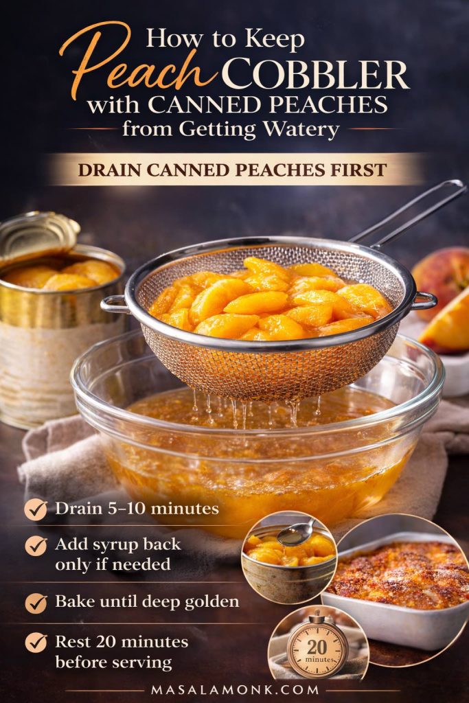 Infographic showing how to keep peach cobbler with canned peaches from getting watery by draining canned peaches for 5 to 10 minutes, adding syrup back only if needed, baking until deep golden, and resting for 20 minutes before serving.