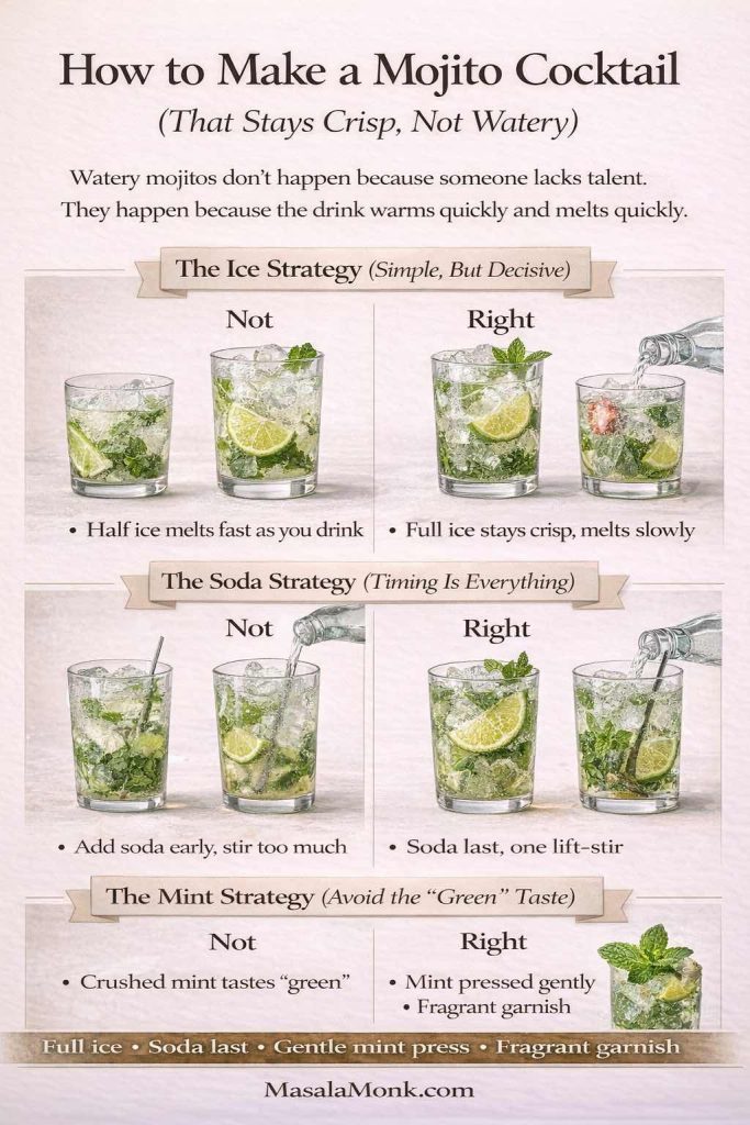 Infographic titled “How to Make a Mojito Cocktail (That Stays Crisp, Not Watery)” showing three technique sections with side-by-side “Not” vs “Right” examples: the ice strategy (half ice vs full ice), the soda strategy (adding soda early and stirring too much vs soda last with one lift-stir), and the mint strategy (crushed mint causing a green taste vs gentle mint pressing with a fragrant garnish). A bottom reminder reads full ice, soda last, gentle mint press, fragrant garnish. MasalaMonk.com is in the footer.