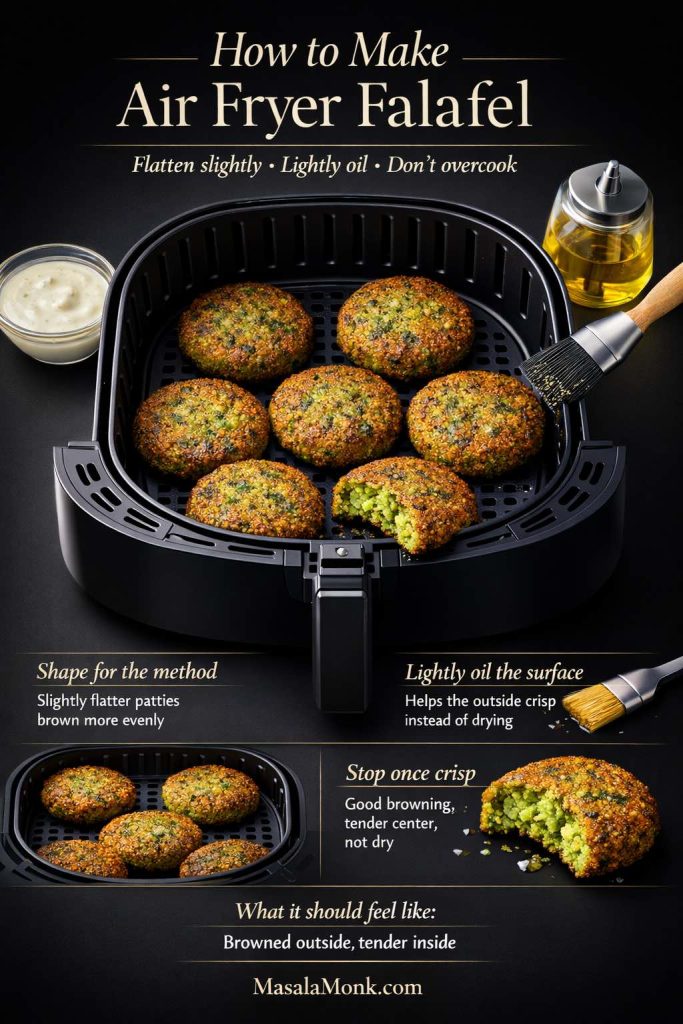 Air fryer falafel works best when the shape and cooking style match the method. Slightly flatter patties brown more evenly than thick balls, a light coating of oil helps the surface crisp instead of drying out, and enough space in the basket keeps the hot air moving properly around each piece. A guide like this is useful because it shows the difference between merely cooked falafel and air fryer falafel that is browned outside, tender inside, and worth making again.