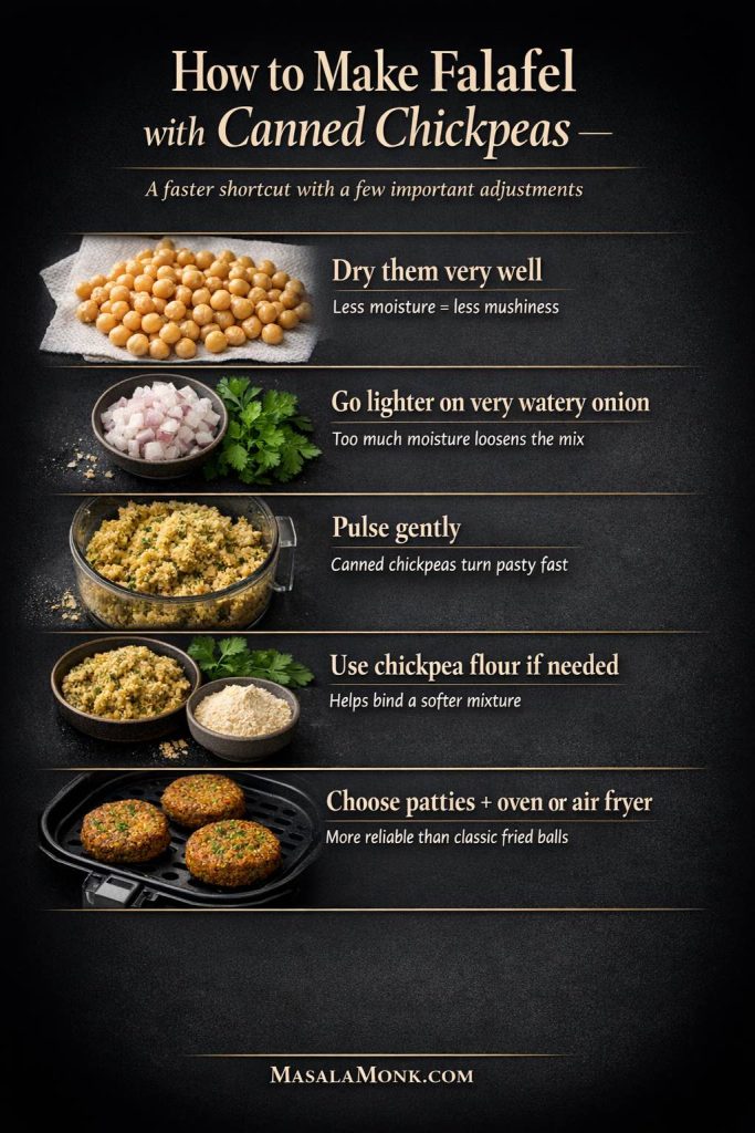 Canned chickpea falafel guide showing how to dry canned chickpeas well, use less watery onion, pulse gently, add chickpea flour if needed, and choose patties for oven or air fryer cooking.