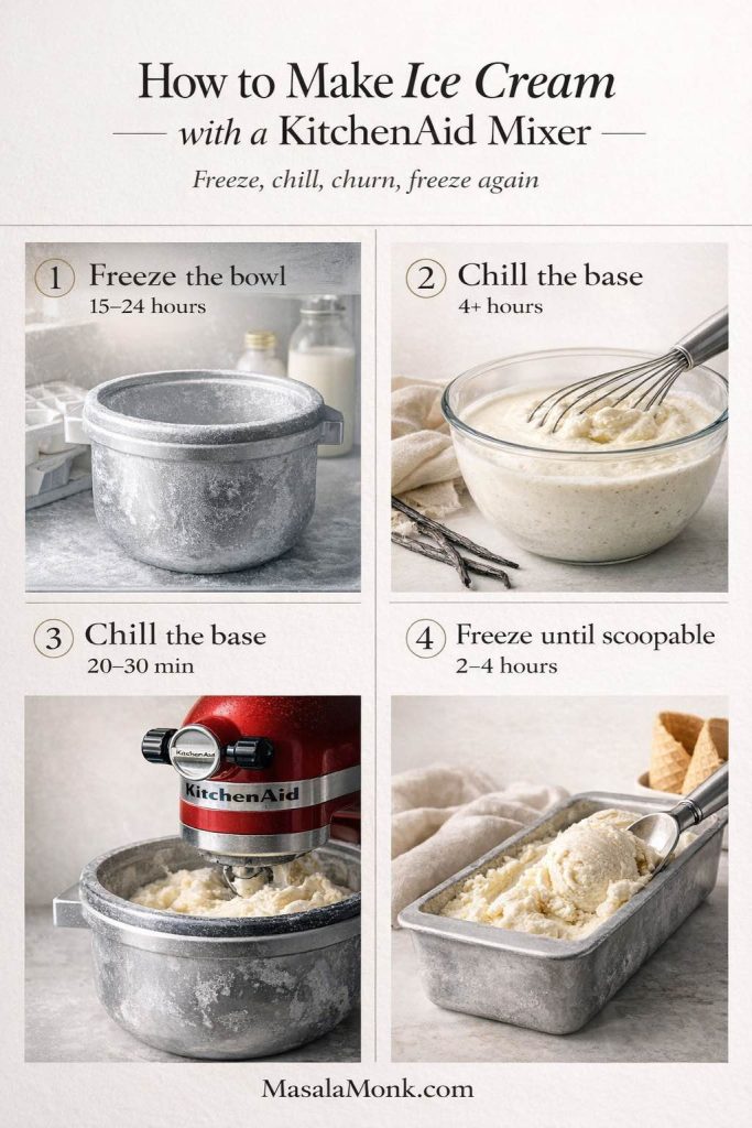 Step-by-step guide for how to make ice cream with a KitchenAid mixer, showing four stages: freezing the attachment bowl, chilling the vanilla ice cream base, churning to soft-serve in the mixer, and freezing again until scoop-able.