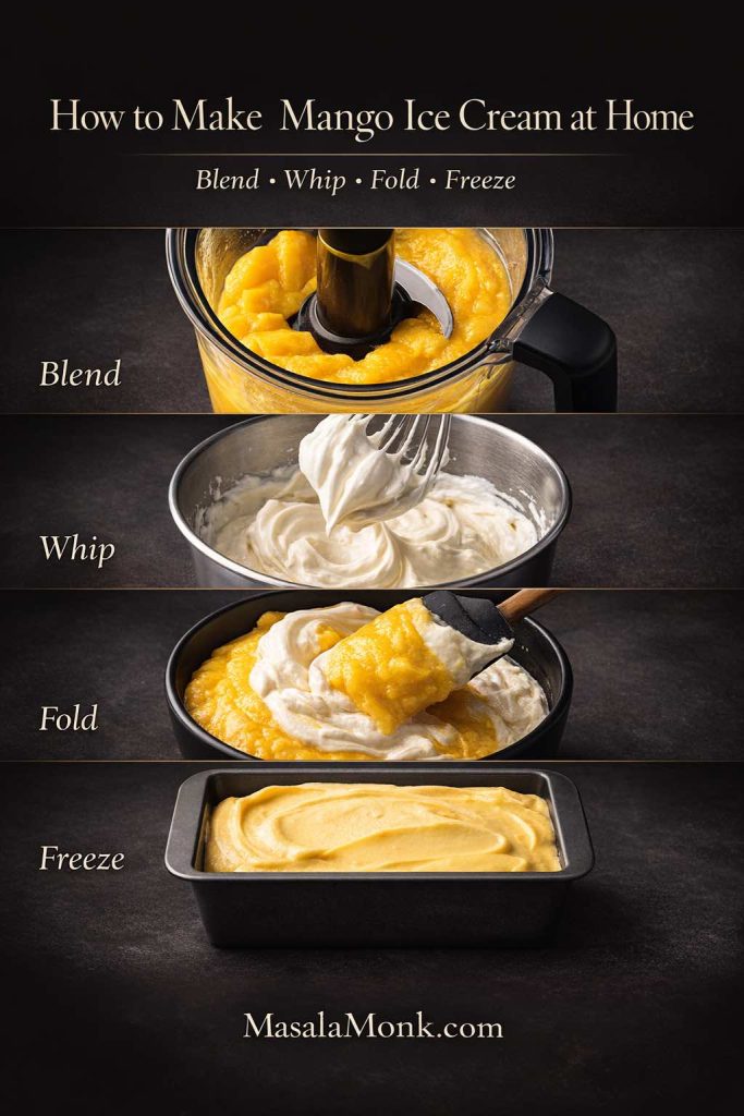4-step no-churn mango ice cream method showing blend, whip, fold, and freeze stages for homemade mango ice cream.