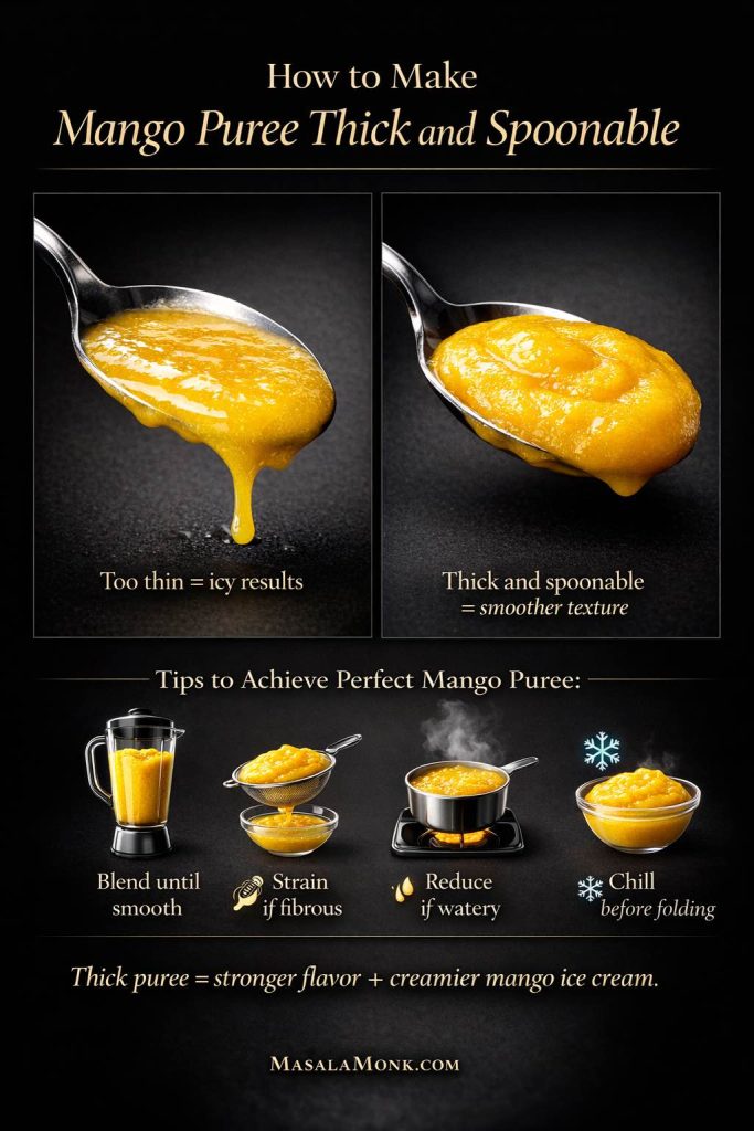 Infographic showing how to make mango puree thick and spoonable for homemade mango ice cream, including thin versus thick puree comparison and tips to blend, strain, reduce, and chill.