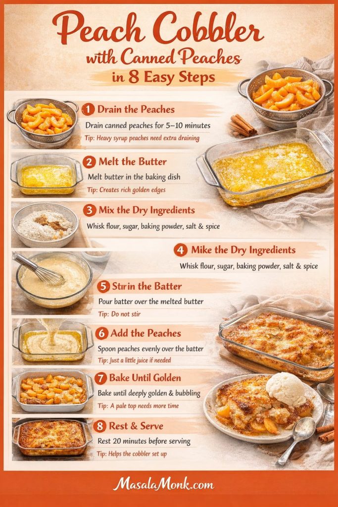Step-by-step infographic showing how to make peach cobbler with canned peaches in 8 easy steps, including draining peaches, melting butter, mixing batter, adding peaches, baking until golden, and resting before serving.