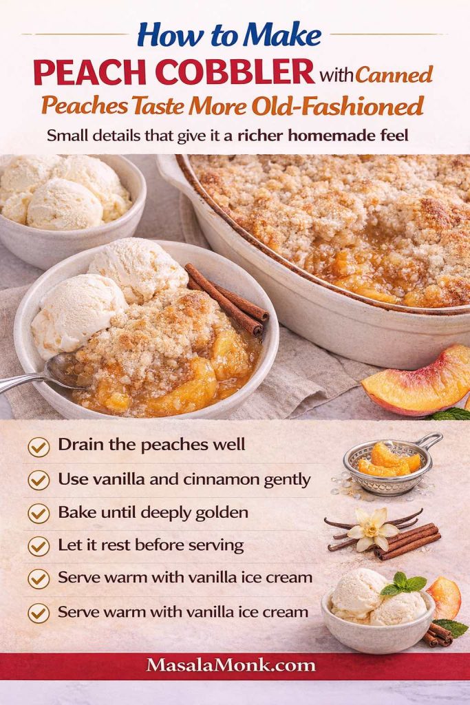 This old-fashioned peach cobbler with canned peaches tips card shows the small details that give a pantry-friendly cobbler a richer homemade feel. Draining the peaches well, using vanilla and cinnamon with a light hand, baking until the top is deeply golden, and letting the cobbler rest before serving all help the dessert taste more balanced, buttery, and comforting. It is a useful quick-reference guide if you want your peach cobbler with canned peaches to feel less like a shortcut and more like a true old-fashioned dessert.