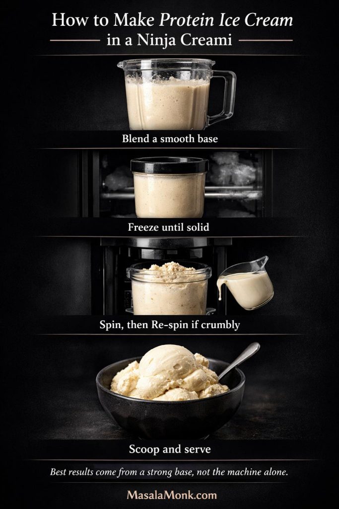 Step-by-step Ninja Creami protein ice cream guide showing how to blend a smooth base, freeze the pint until solid, re-spin if crumbly, and scoop creamy homemade protein ice cream.