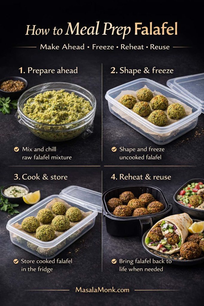 Falafel becomes much more useful once you treat it as a meal prep base instead of a one-time recipe. The mixture can be made ahead and chilled, shaped falafel can be frozen for later, cooked falafel stores well in the fridge, and the oven or air fryer is the best way to bring back texture when it is time to eat. That flexibility is part of what makes homemade falafel such a smart repeat recipe for wraps, bowls, and quick lunches through the week.