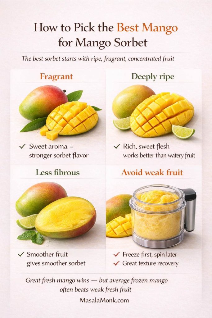 Guide for choosing the best mango for a mango sorbet recipe, showing key qualities like fragrant aroma, deeply ripe sweet flesh, lower fiber for smoother texture, and a reminder that weak fresh mango can make dull sorbet.