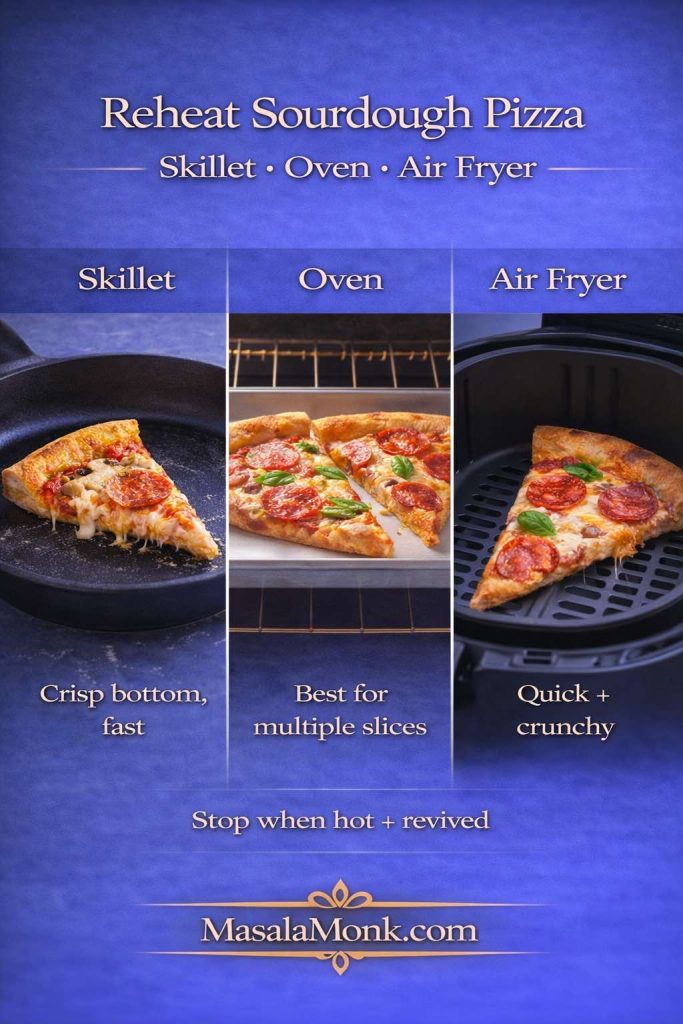 Guide showing how to reheat sourdough pizza using a skillet, oven, or air fryer to restore a crisp crust, with tips for fast crisping and reheating multiple slices.
